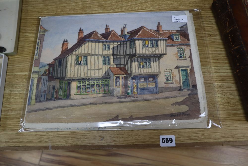 James P. Power, Old Houses, Lewes, Sussex and two similar topographical watercolours, approx 26 x 35.5cm